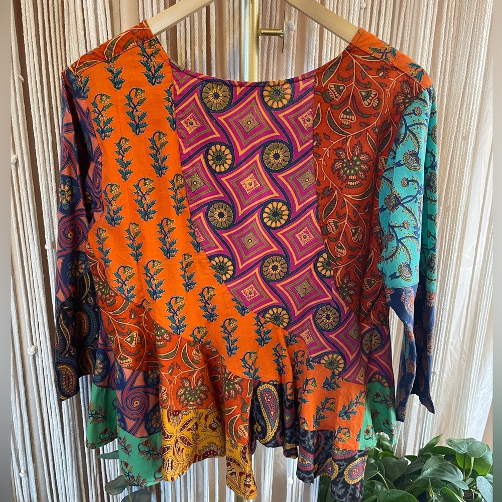 Boho Multi-Coloured Patchwork Peplum Top With 3/4… - image 8